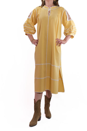 Odilia Dress yellow with white and brown embroidery