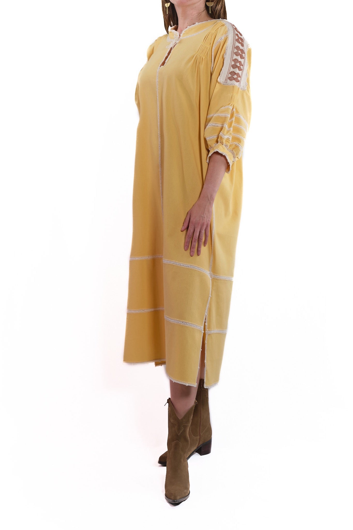 Odilia Dress yellow with white and brown embroidery