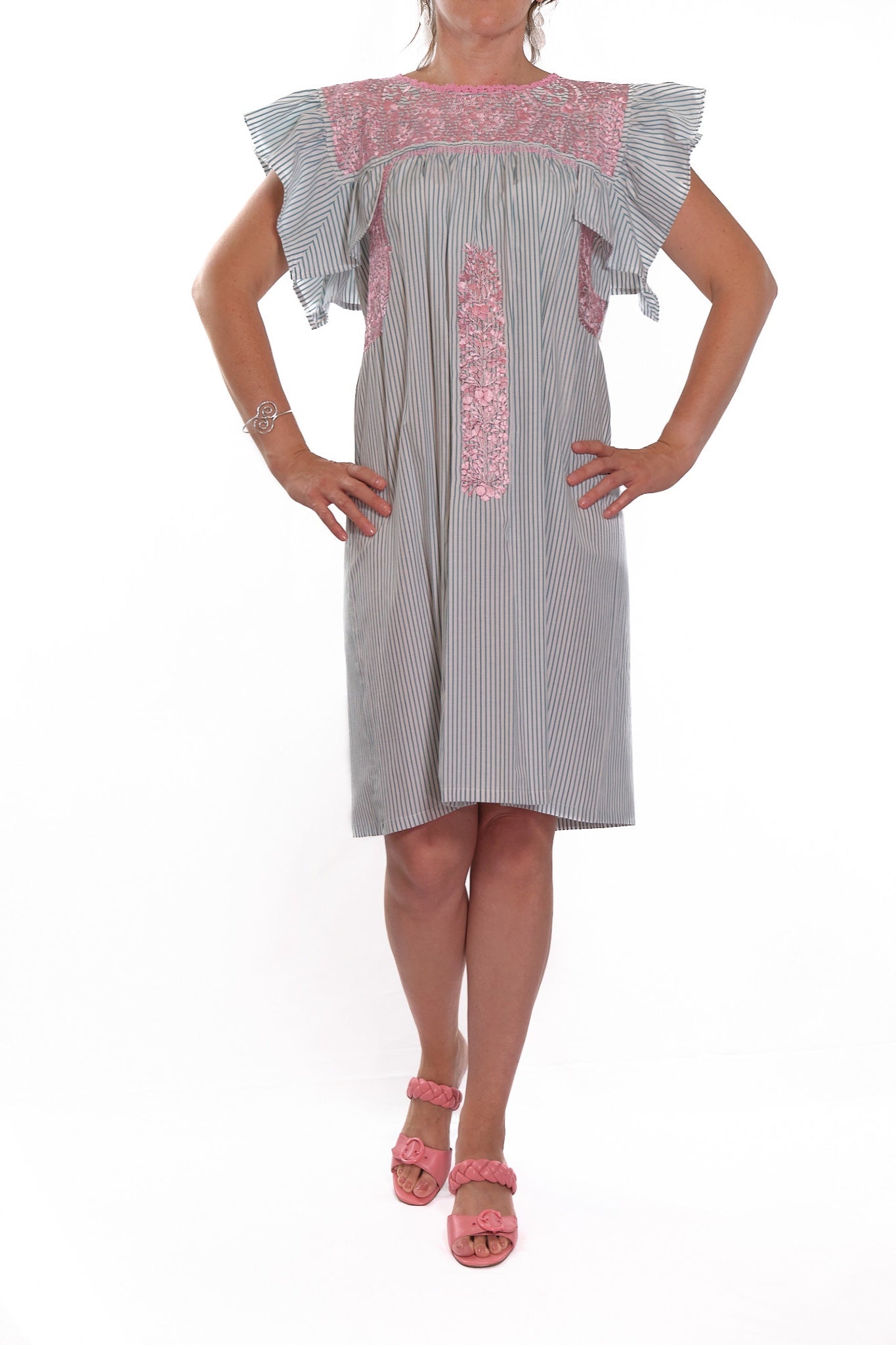San Antonino Ruffled Dress striped with pink embroidery