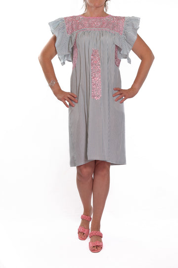San Antonino Ruffled Dress striped with pink embroidery