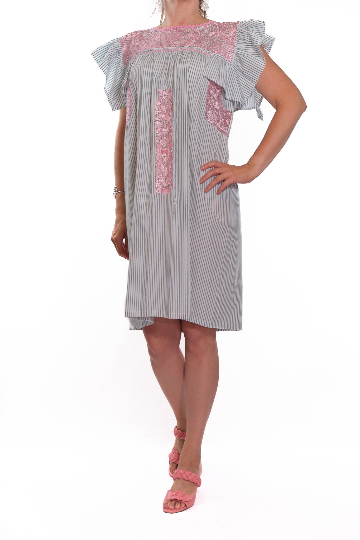 San Antonino Ruffled Dress striped with pink embroidery