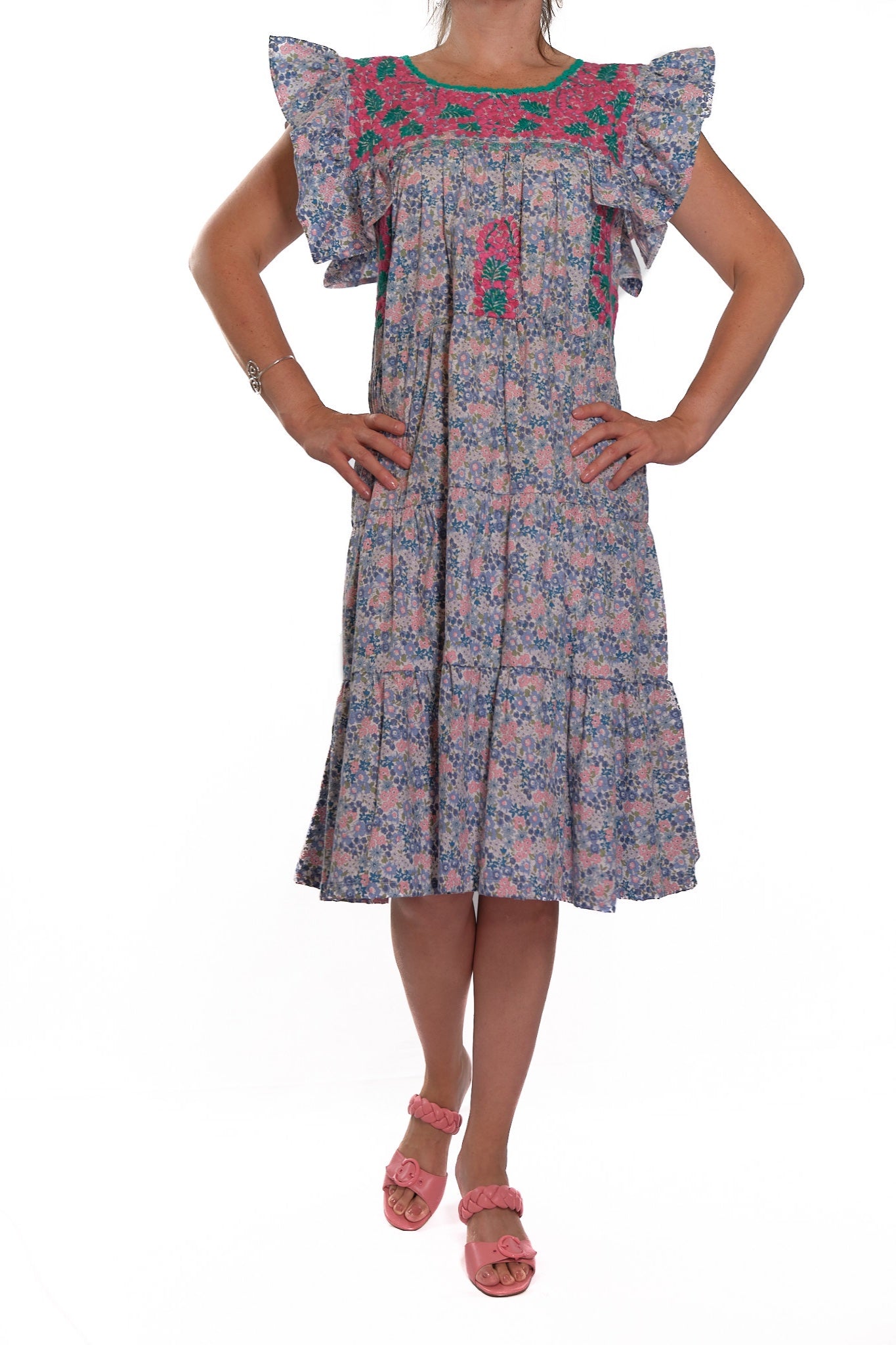 San Antonino Ruffled Dress flowered with pink and turquoise embroidery