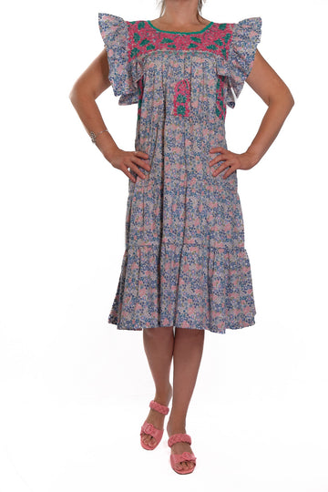 San Antonino Ruffled Dress flowered with pink and turquoise embroidery