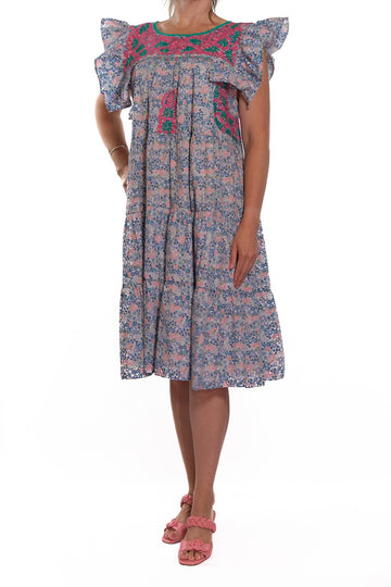 San Antonino Ruffled Dress flowered with pink and turquoise embroidery