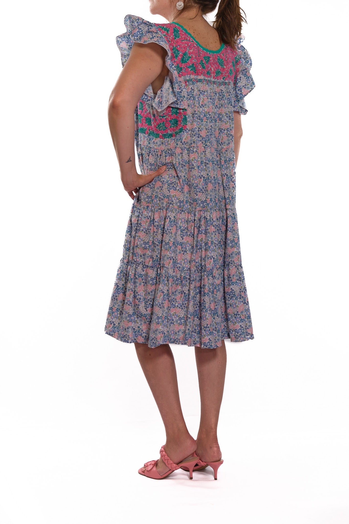 San Antonino Ruffled Dress flowered with pink and turquoise embroidery