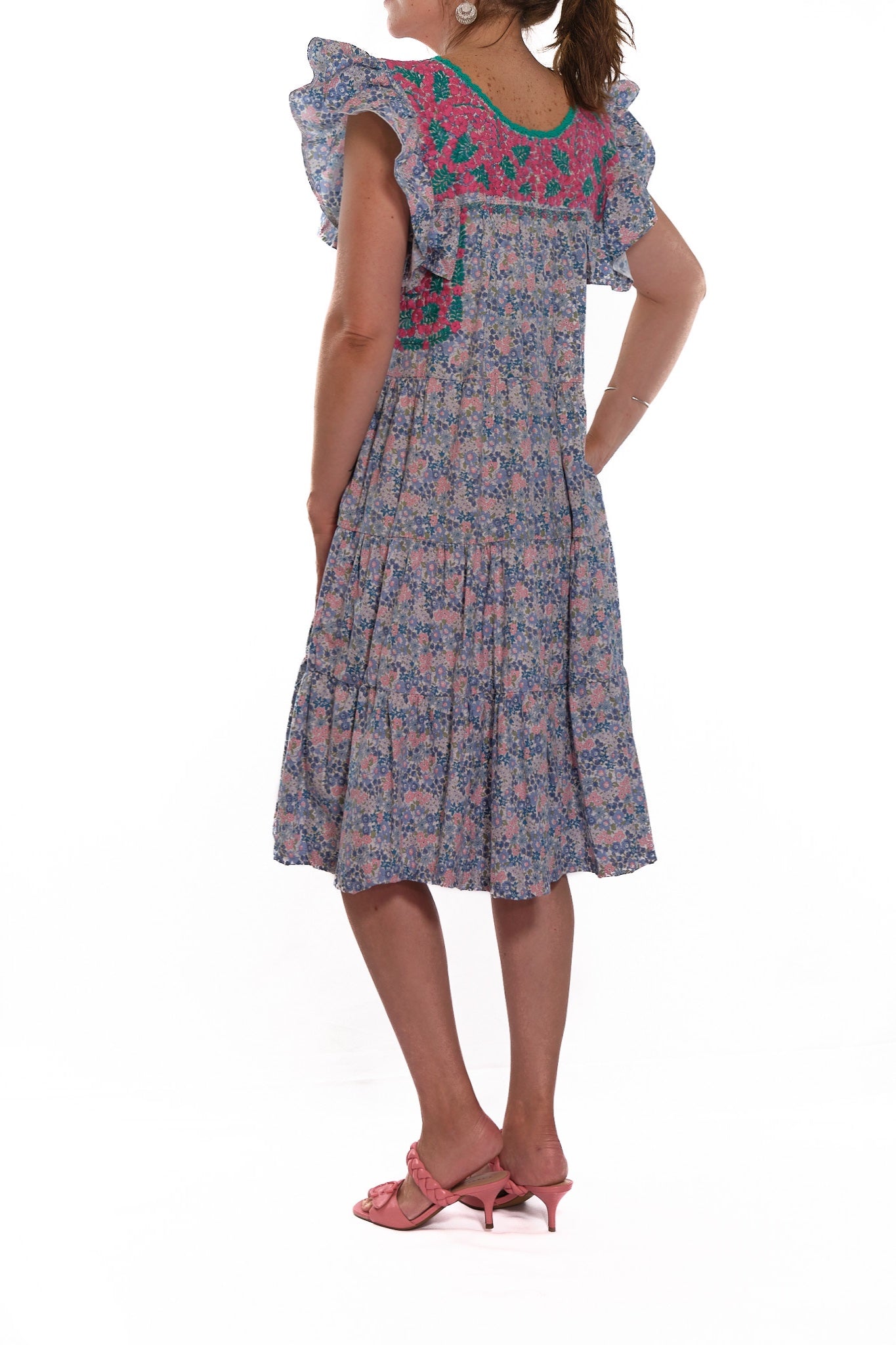 San Antonino Ruffled Dress flowered with pink and turquoise embroidery