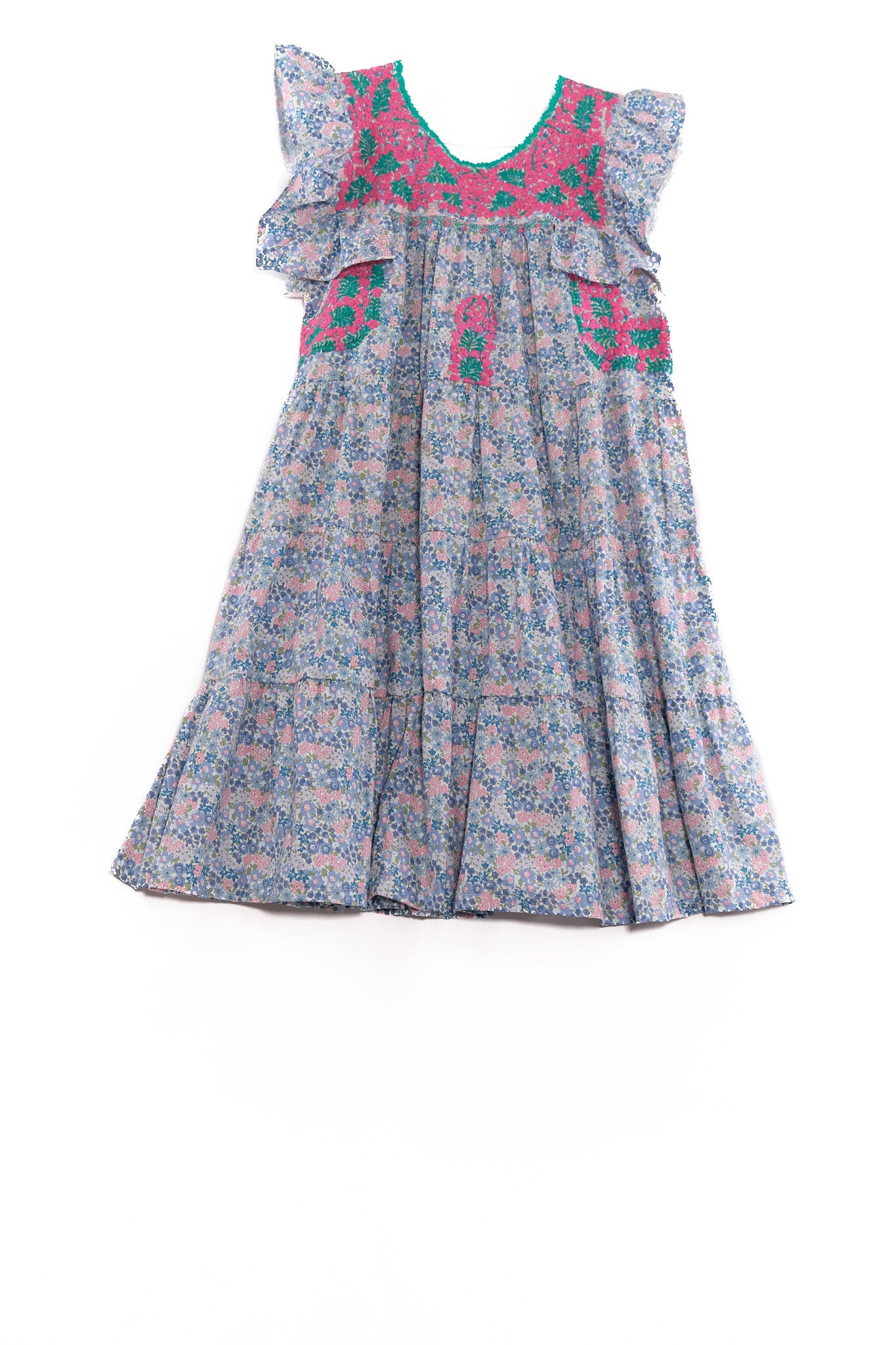 San Antonino Ruffled Dress flowered with pink and turquoise embroidery GARMENT
