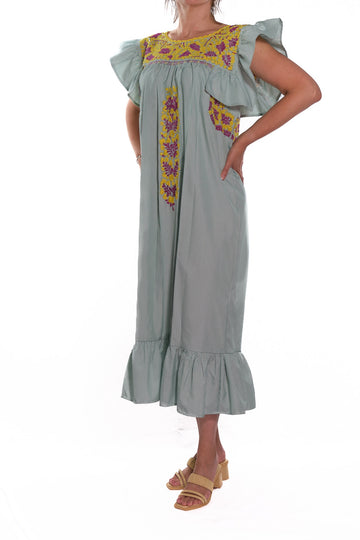 San Antonino Ruffled Dress striped with yellow and pink embroidery