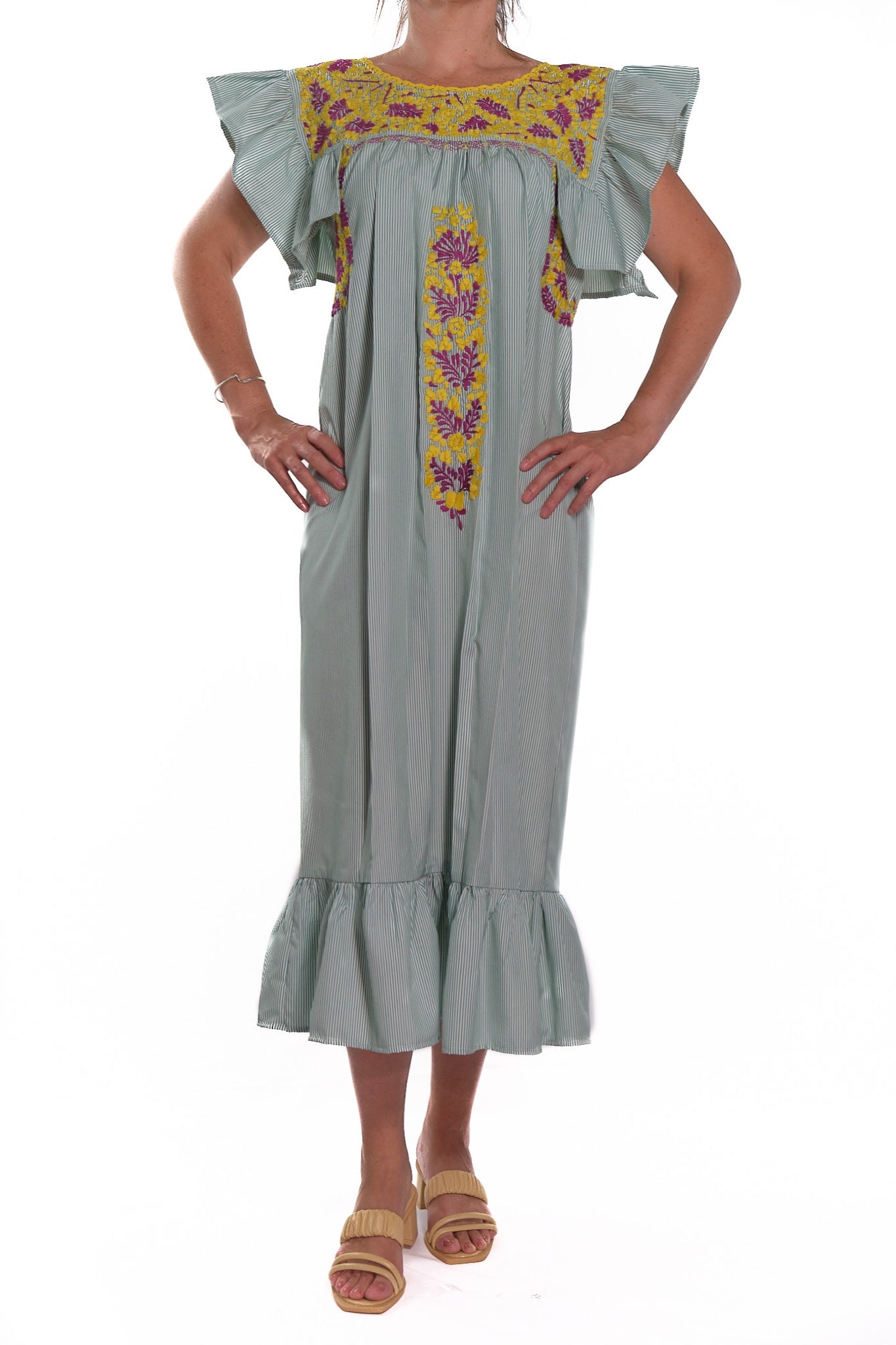 San Antonino Ruffled Dress striped with yellow and pink embroidery