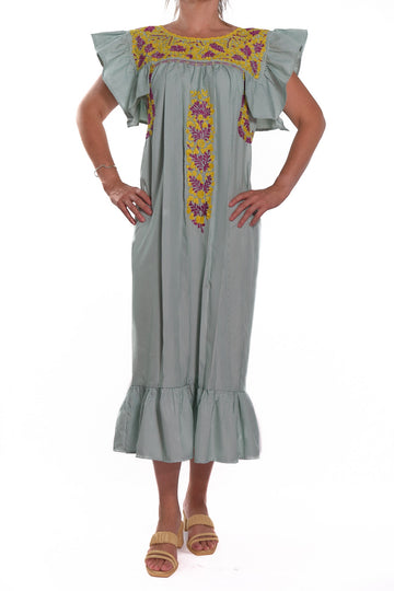 San Antonino Ruffled Dress striped with yellow and pink embroidery