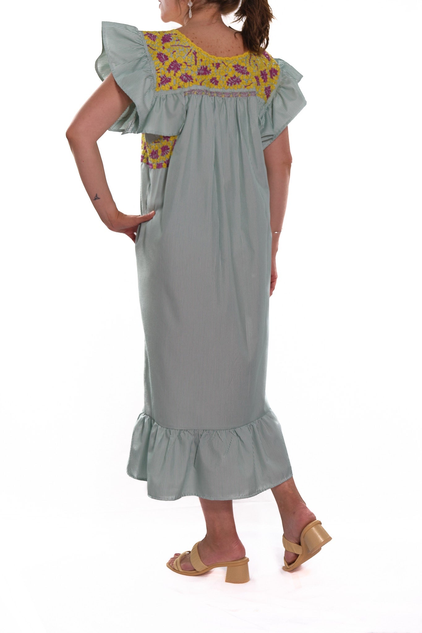 San Antonino Ruffled Dress striped with yellow and pink embroidery