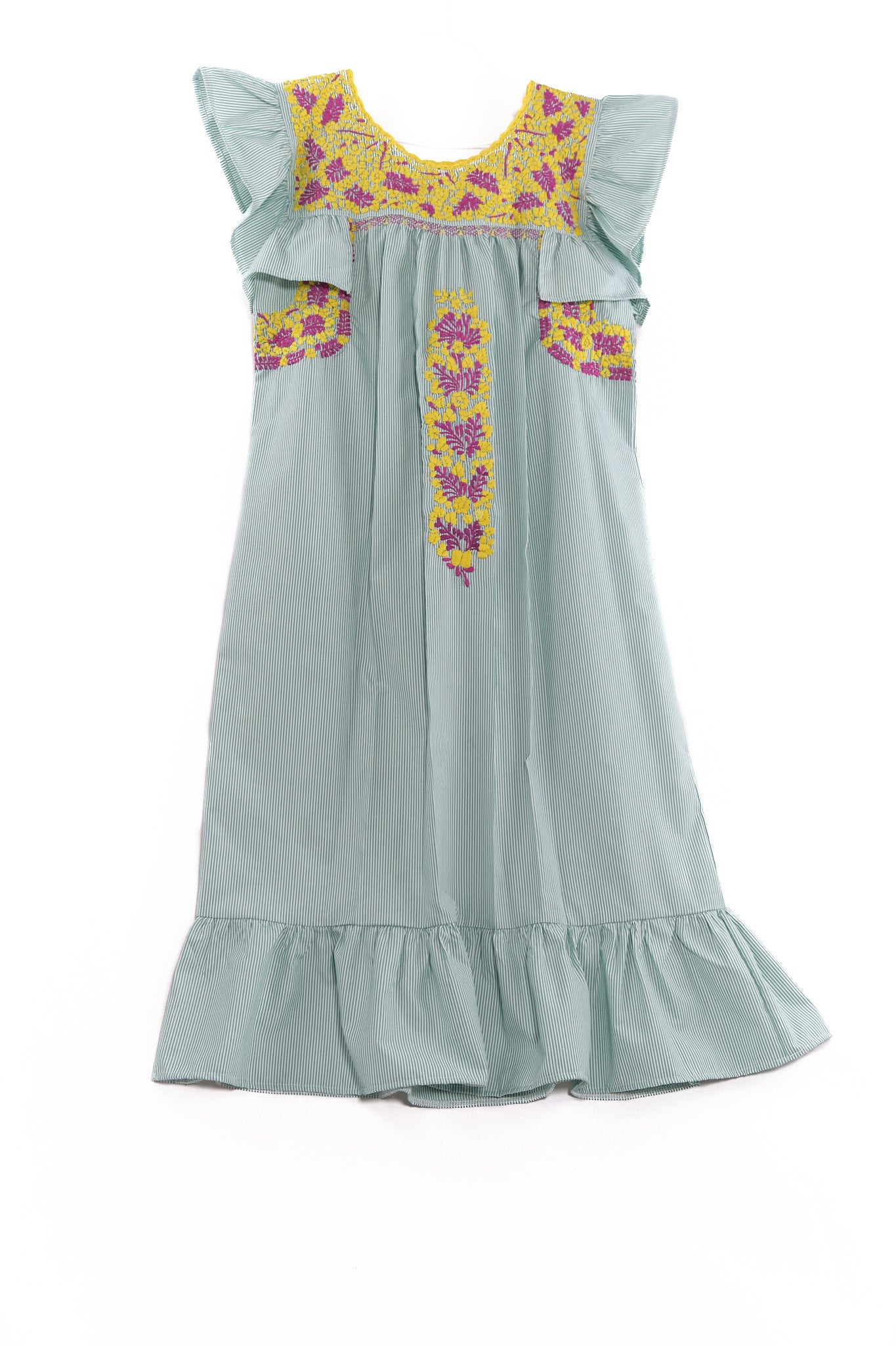 San Antonino Ruffled Dress striped with yellow and pink embroidery GARMENT