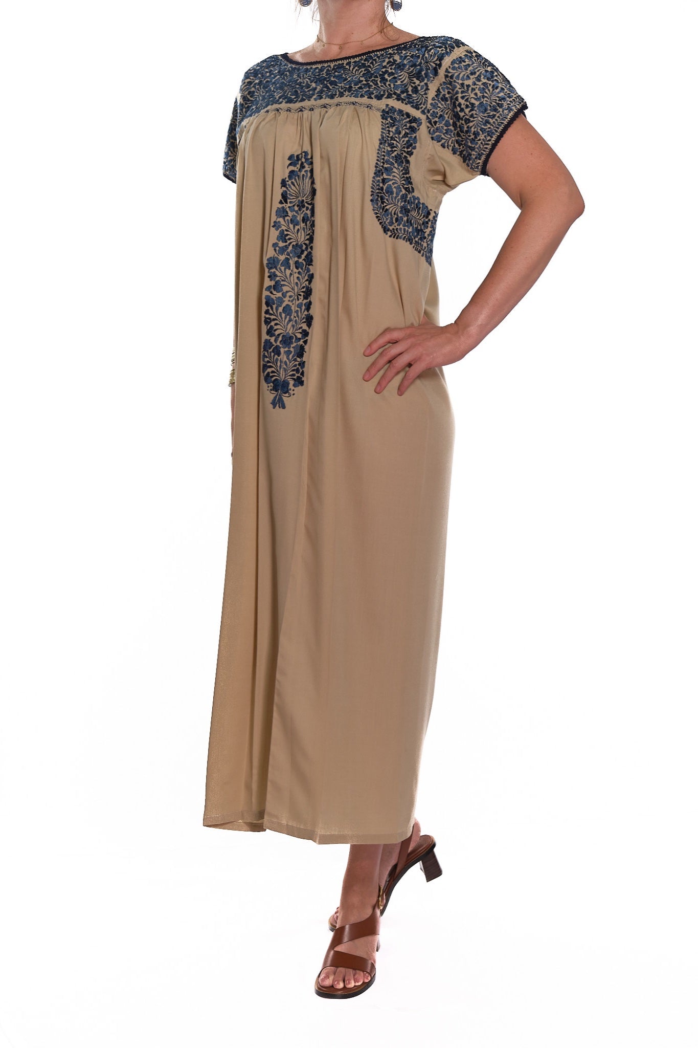 San Antonino Dress beige with blue embroidery