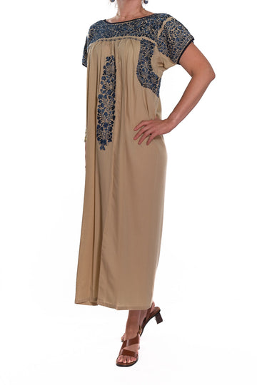 San Antonino Dress beige with blue embroidery