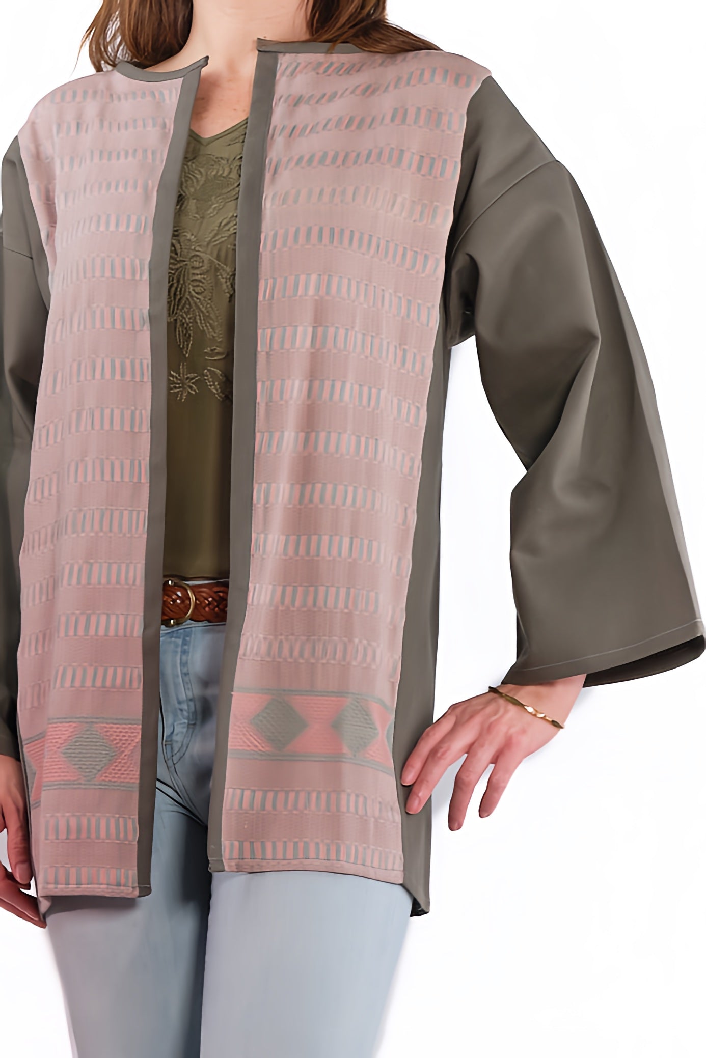 Lourdes Long Jacket grey with pink  close up