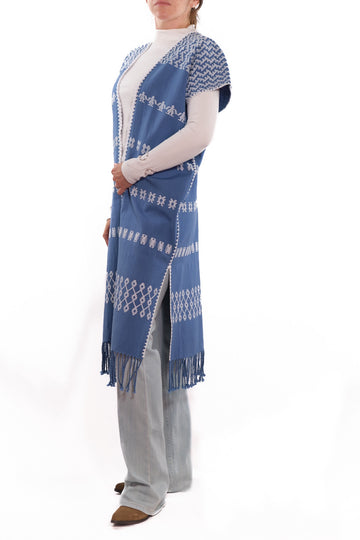 Huipil Vest San Juan blue with brocade in white