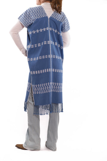 Huipil Vest San Juan blue with brocade in white