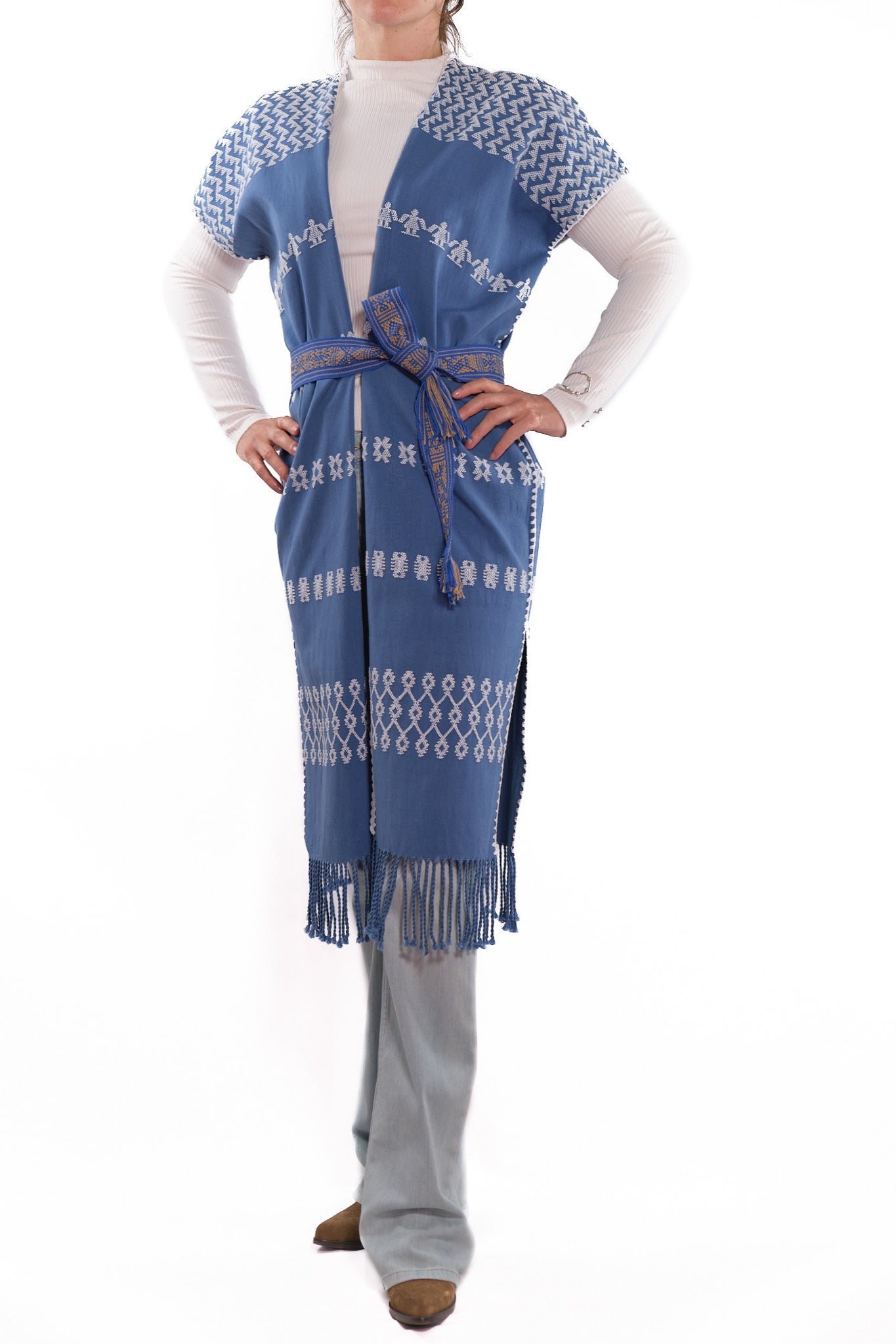 Huipil Vest San Juan blue with brocade in white