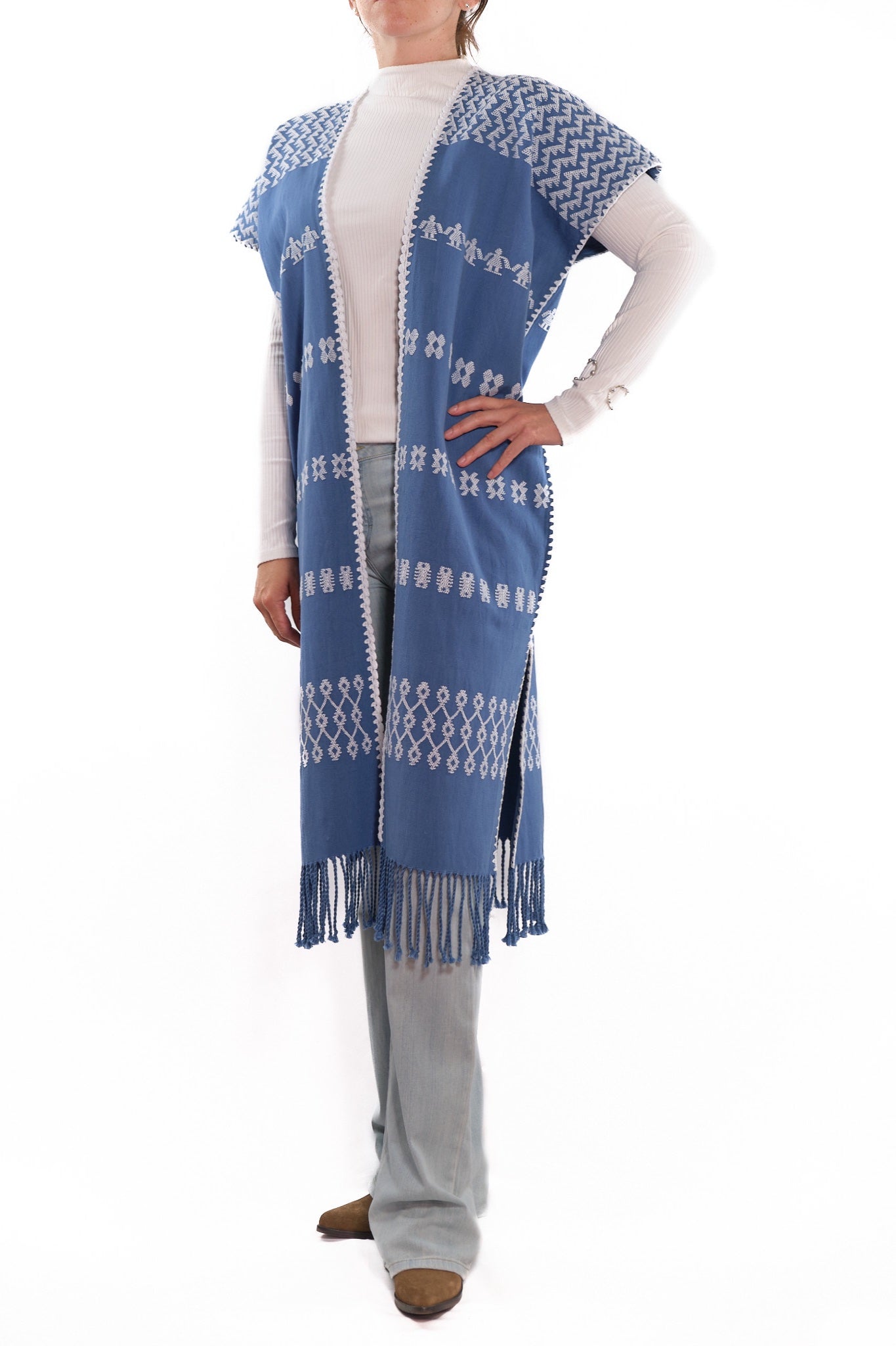 Huipil Vest San Juan blue with brocade in white
