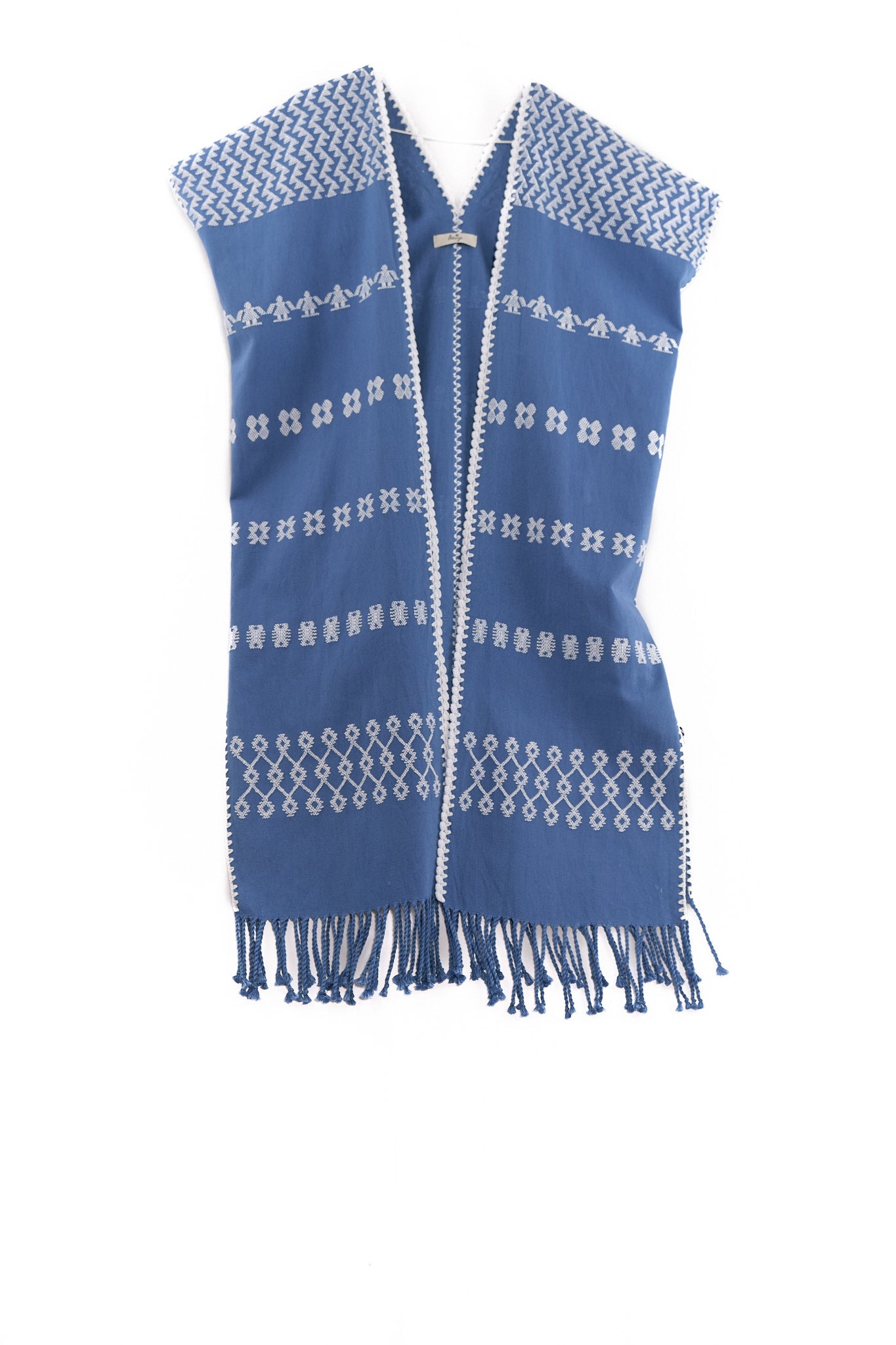 Huipil Vest San Juan blue with brocade in white