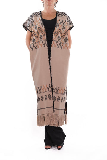 Huipil Vest San Juan ecru white with brocade in black and coffee