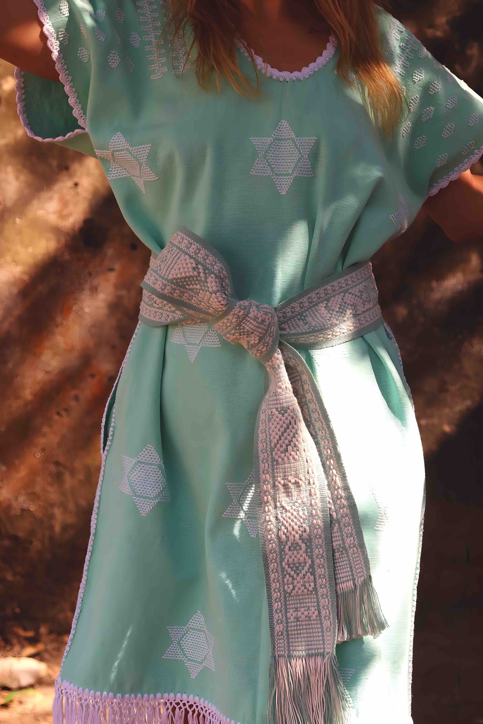 Huipil Dress San Juan mint with stars and bangs 2
