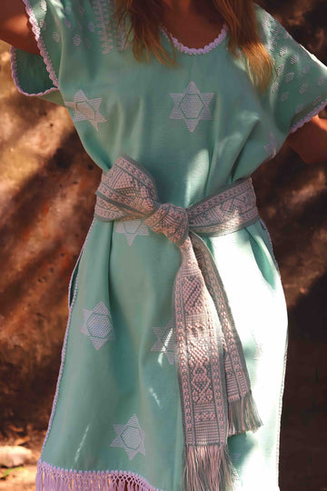 Huipil Dress San Juan mint with stars and bangs