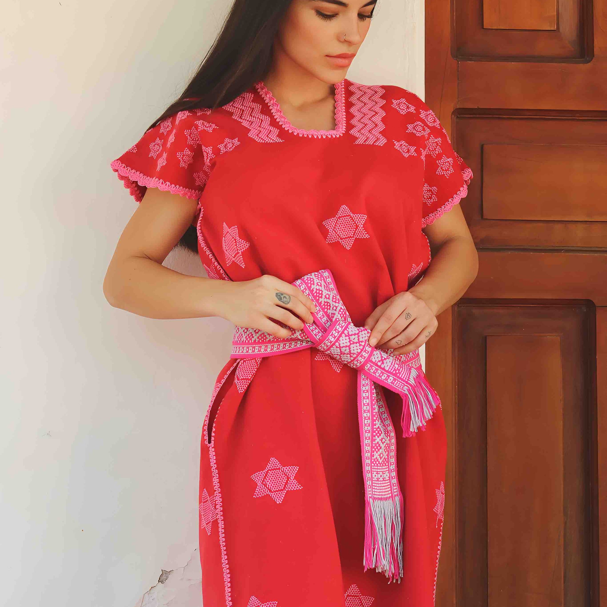 Huipil Dress San Juan red with stars