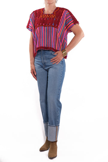 Chenalho Blouse striped blouse with red brocade embossed
