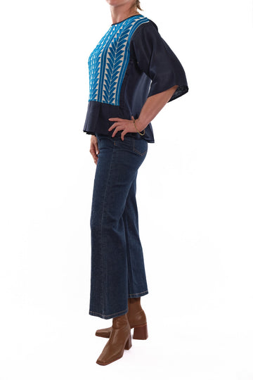 Lourdes long sleeve blouse blue with blue and white embroidery