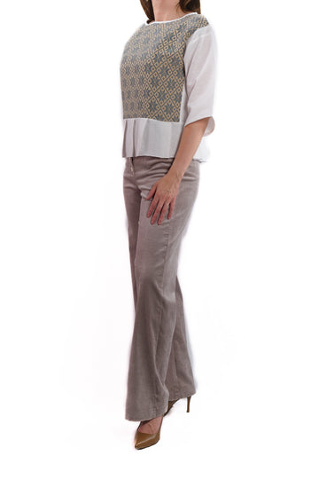 Lourdes long sleeve blouse white with grey and beige embroidery