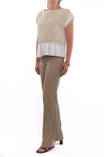 Lourdes short sleeve blouse white with beige embroidery