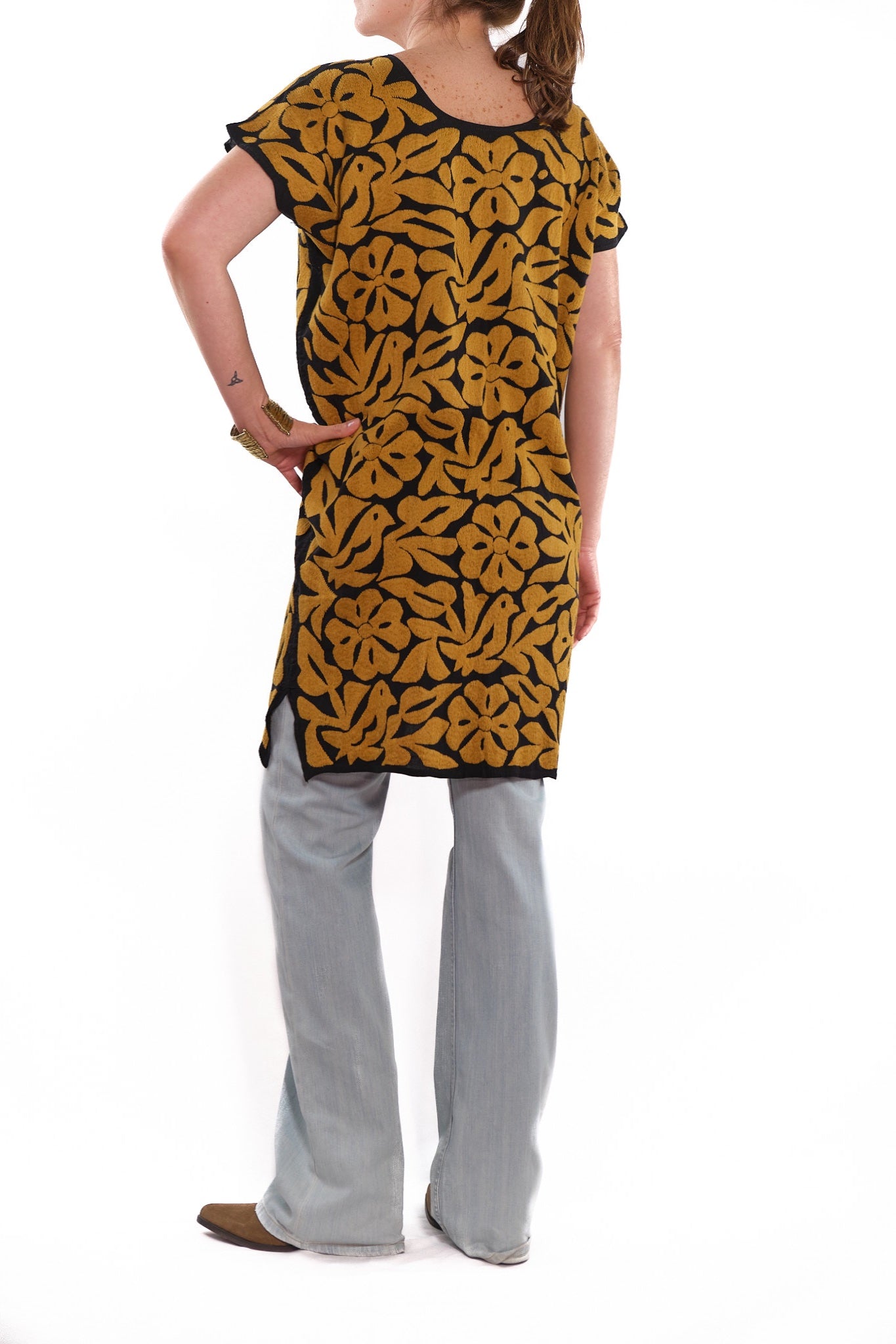 Adelina Dress black with mustard embroidery