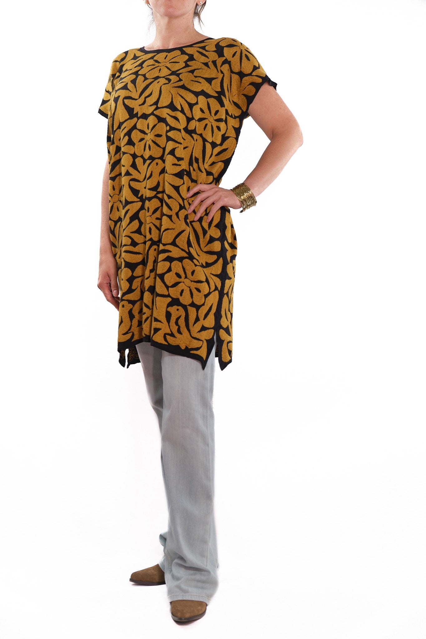 Adelina Dress black with mustard embroidery
