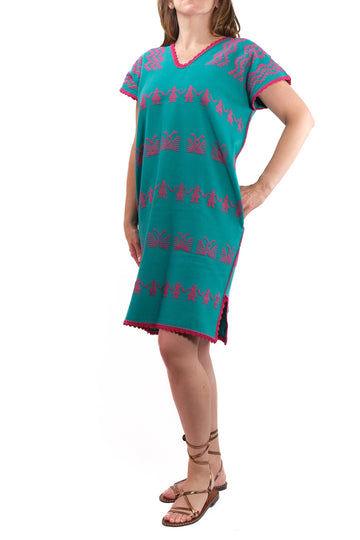 Huipil Dress San Juan turquoise with pink brocade