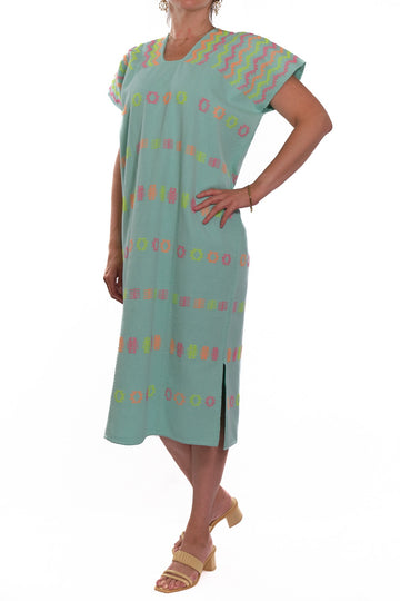 Huipil Kleid San Juan hellgrün mit mehrfarbigem Neonbrokat