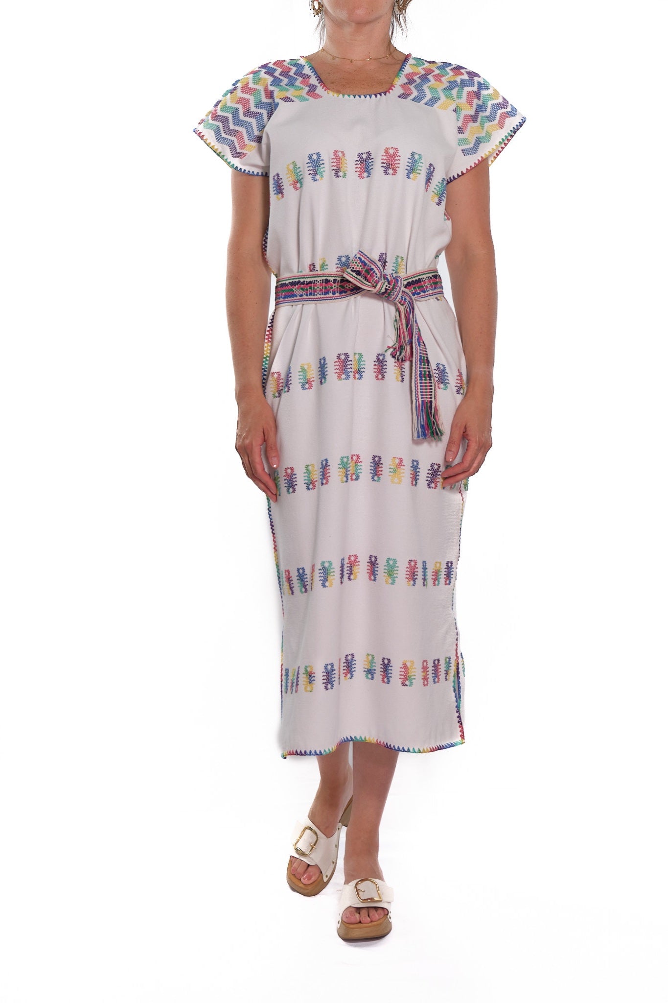 Huipil Dress San Juan white with multicolor brocade