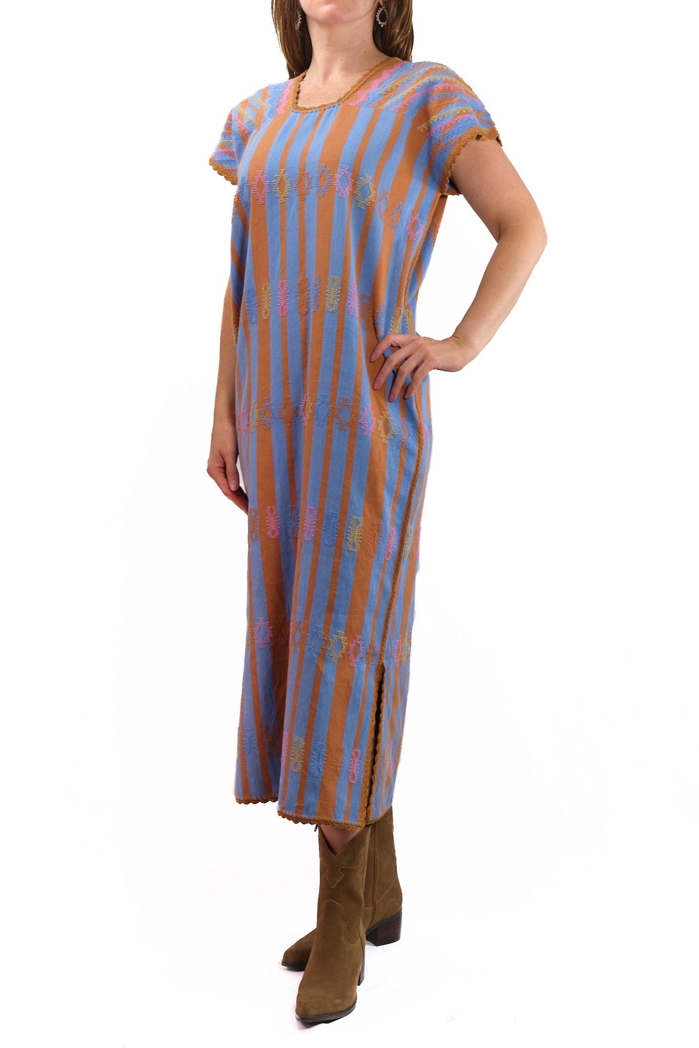 Huipil Dress San Juan blue and brown striped with multicolor brocade