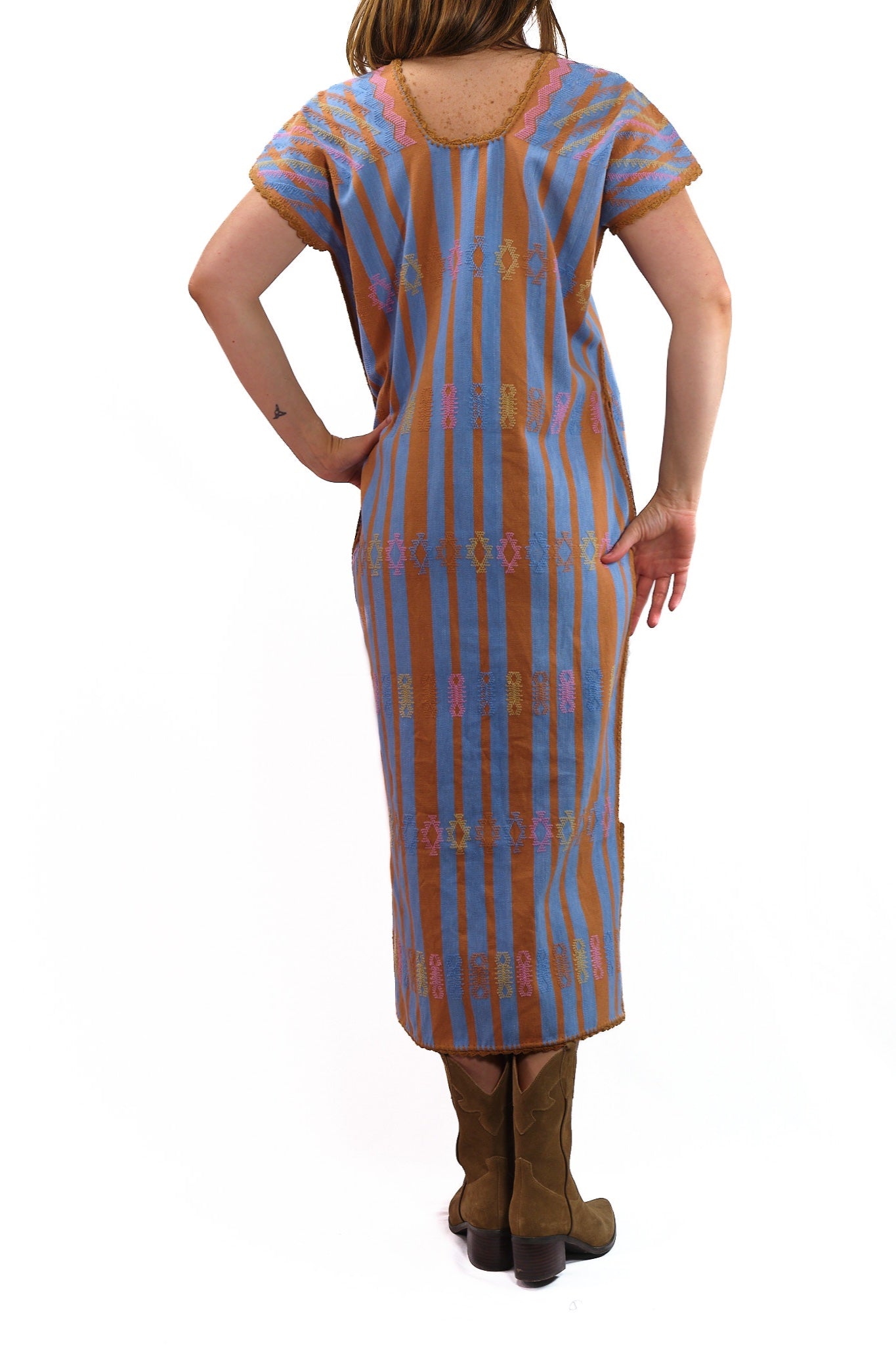Huipil Dress San Juan blue and brown striped with multicolor brocade