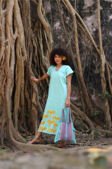 Huipil Dress San Juan turquoise with palms