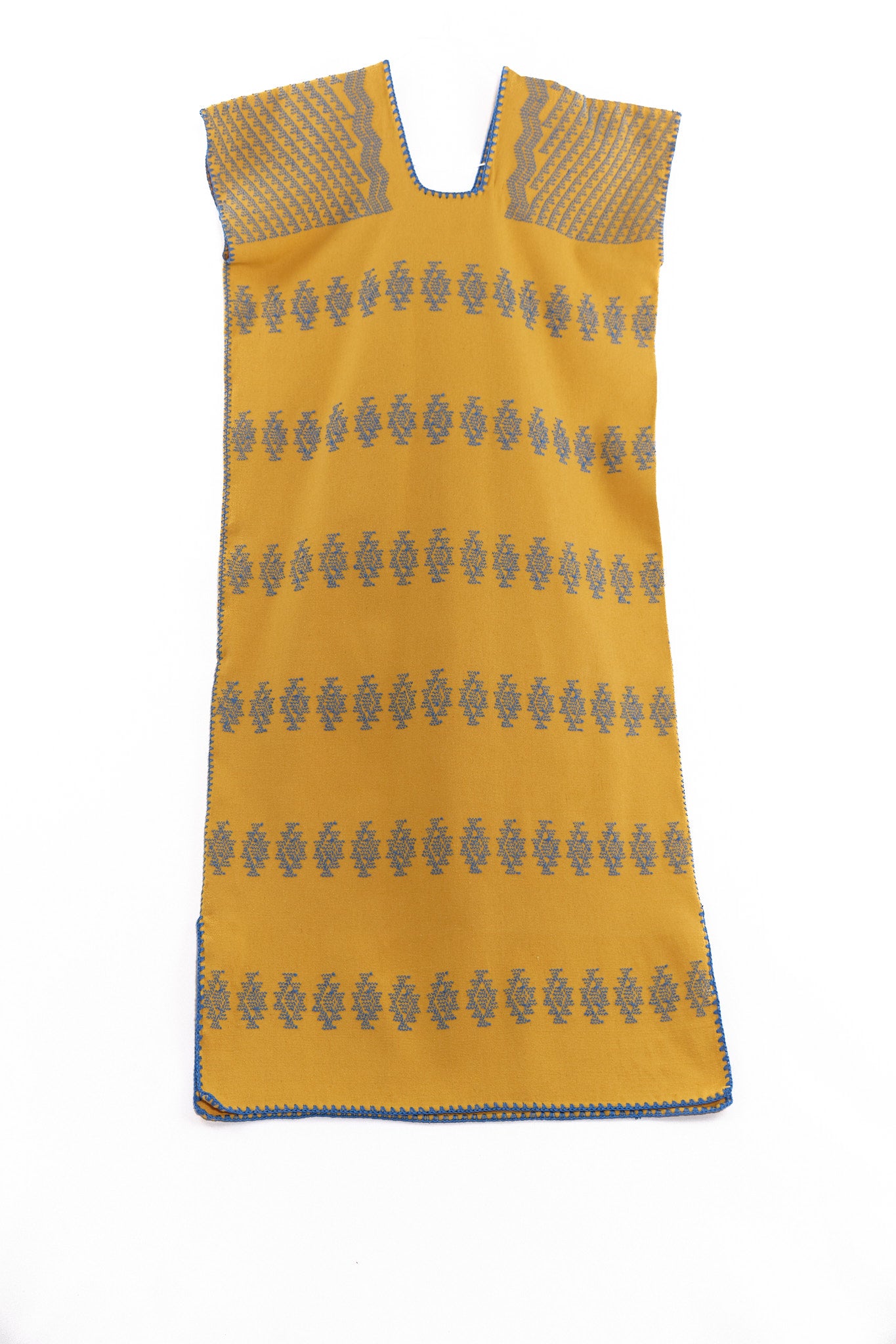 Huipil Dress San Juan mustard yellow with blue brocade GARMENT