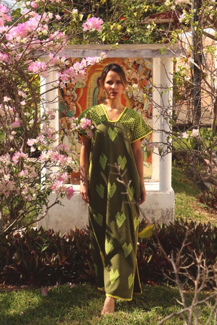 Huipil Dress San Juan green with hearts