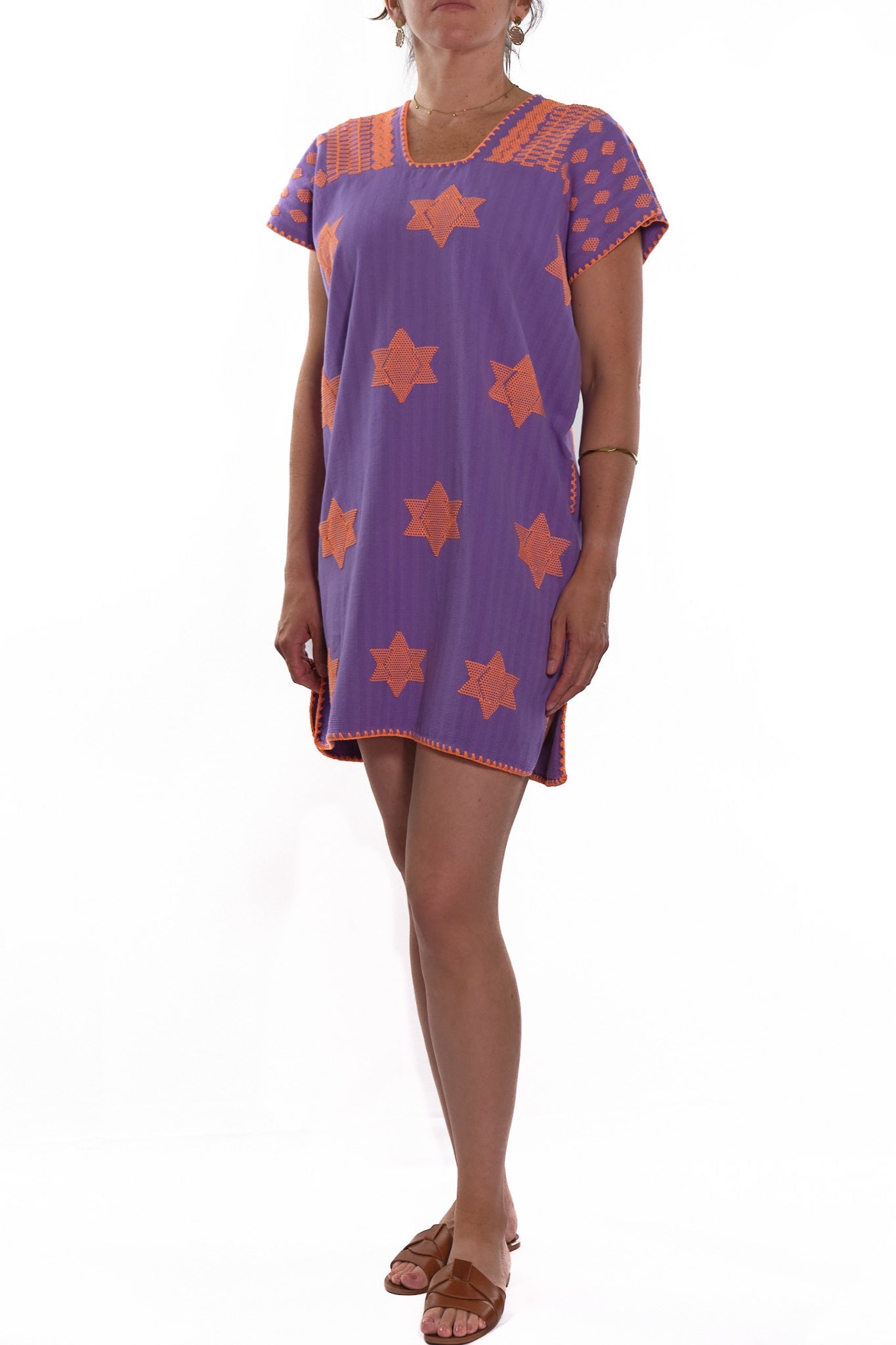 Huipil Dress San Juan purple with orange neon brocade