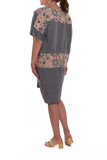 Huipil dress Ofelia grey with multicolor embroidery