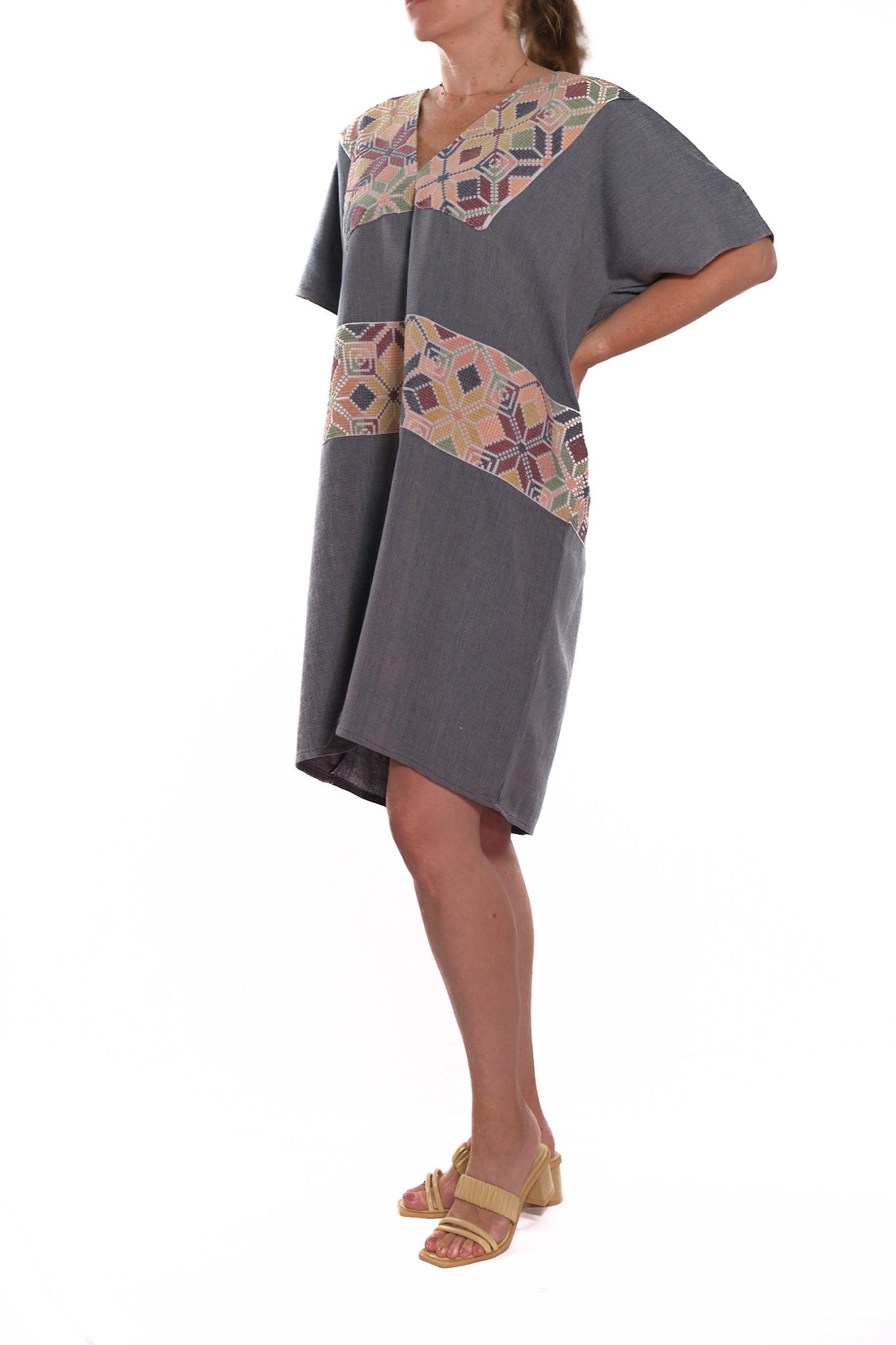 Huipil dress Ofelia grey with multicolor embroidery 3