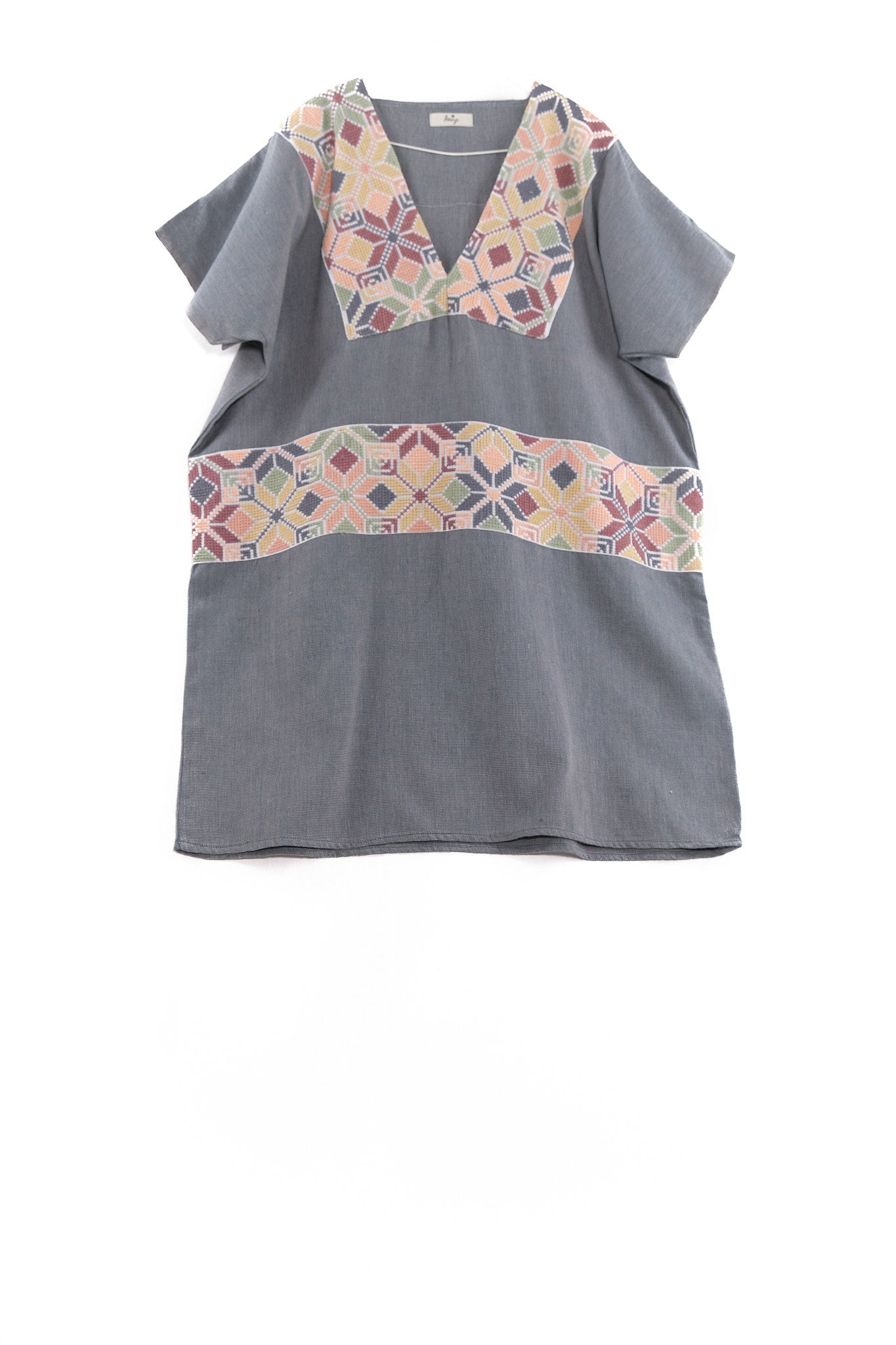 Huipil dress Ofelia grey with multicolor embroidery garment