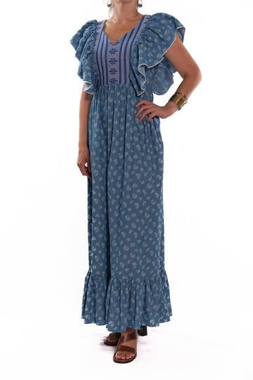 Lorenza dress blue with backstrap loom on the chest