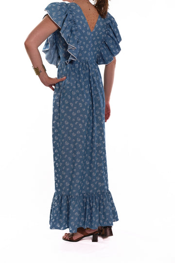 Lorenza dress blue with backstrap loom on the chest