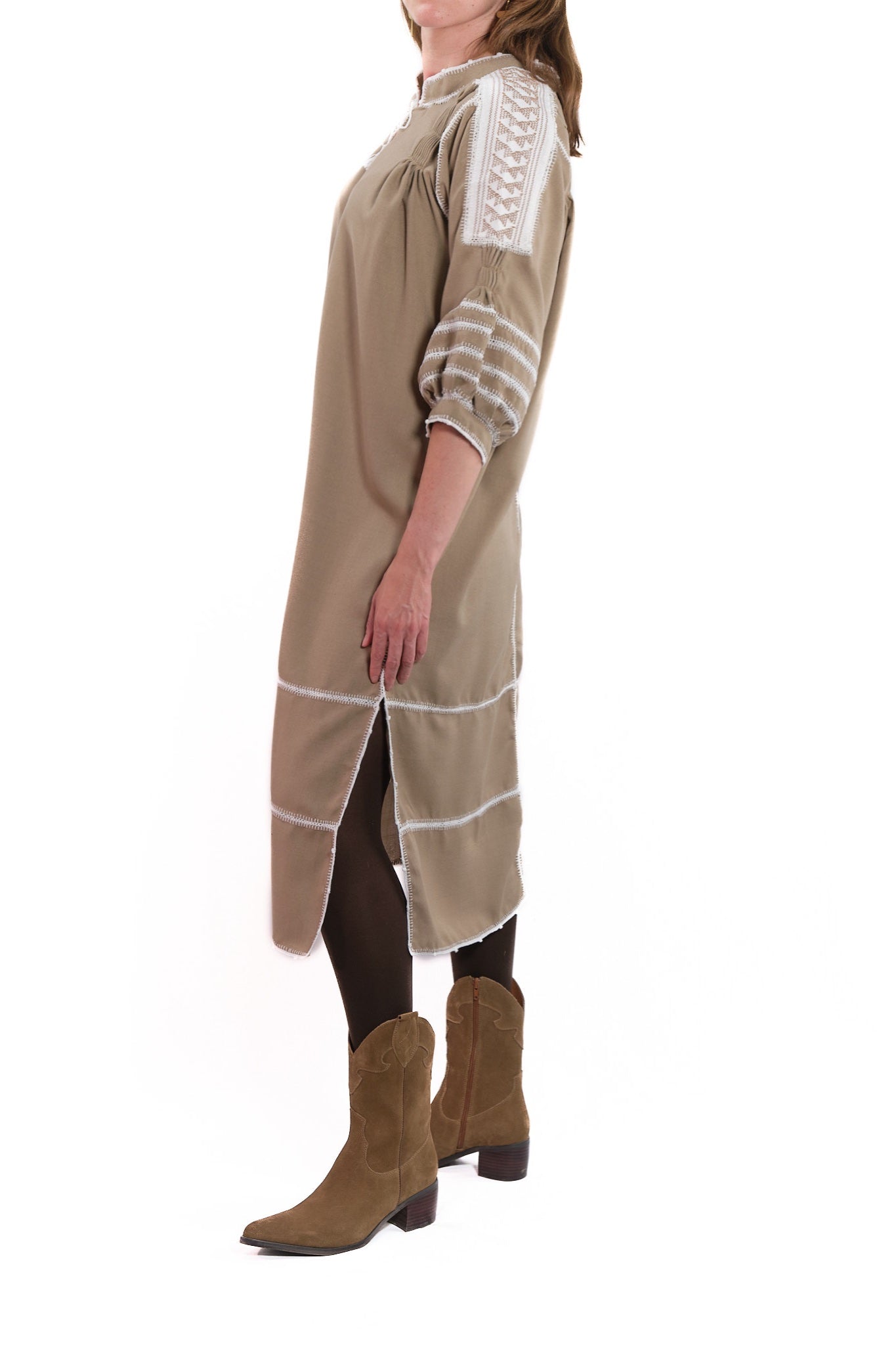 Odilia Dress light brown with white and brown embroidery