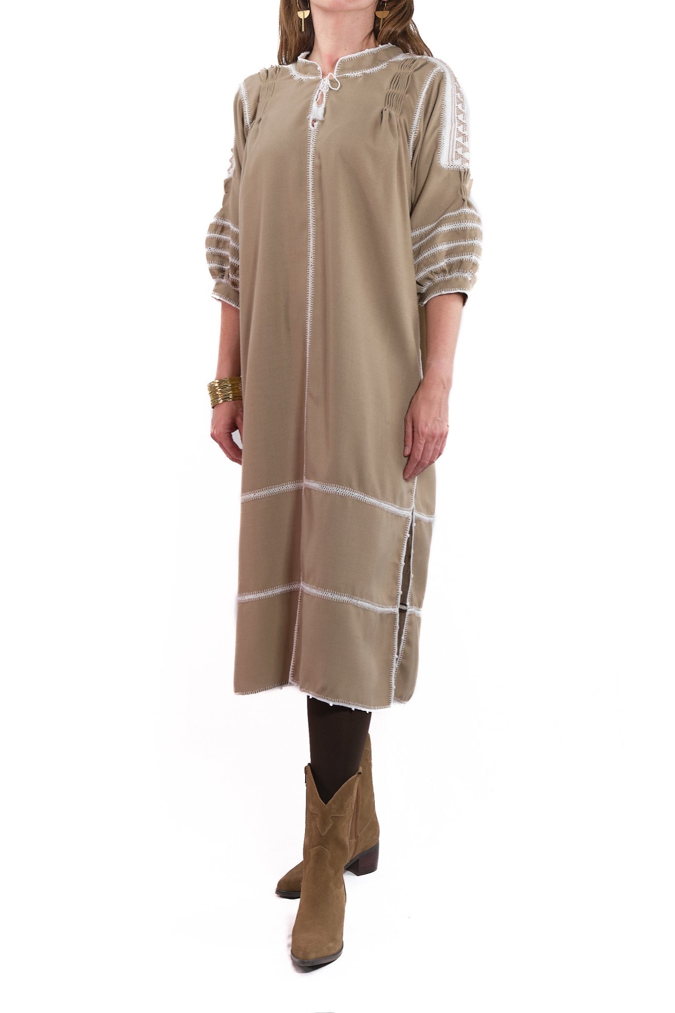 Odilia Dress light brown with white and brown embroidery